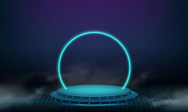 abstract technology cylinder pedestal podium. sci-fi dark empty room concept with circle glowing neon lighting. product display presentation. futuristic wall scene. - 平臺門戶 幅插畫檔、美工圖案、卡通及圖標(biāo)